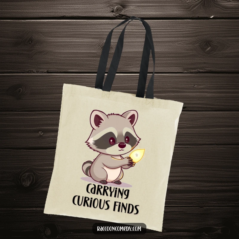 Funny raccoon tote bag showing a cute character looking curiously at a glowing object, a practical bag with a mysterious and whimsical theme.