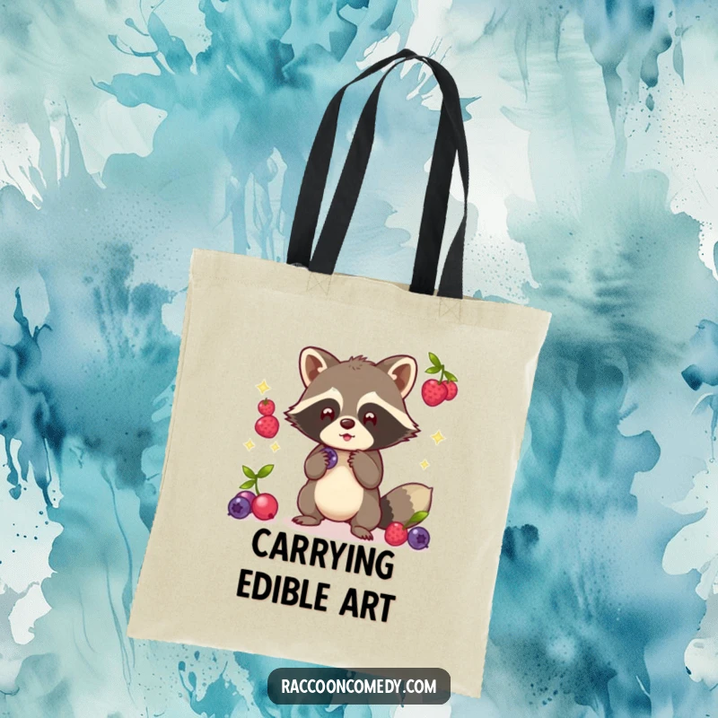 Funny Kawaii Raccoon Tote Bag: A cute raccoon juggling glowing berries with nimble paws.