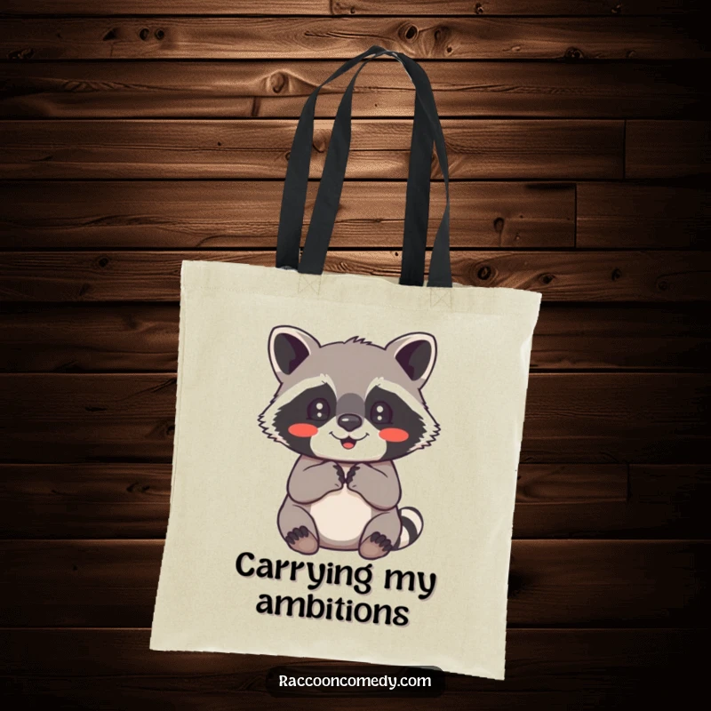 Funny raccoon tote bag showing a cute raccoon with its paws clasped, eyes full of pure, heartwarming delight.