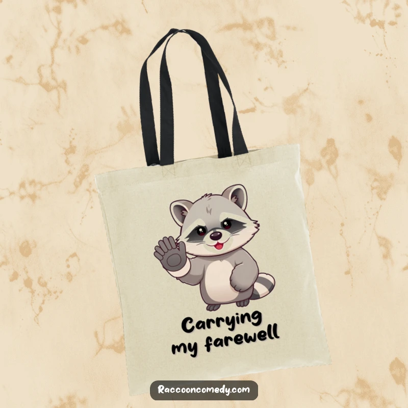 Funny kawaii raccoon wearing large gloves, humorously waving goodbye on a durable tote bag, perfect for shopping.