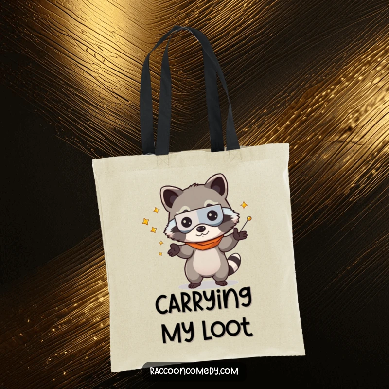 Funny kawaii raccoon bandit mask, humorously juggling items on a sturdy tote bag, excellent for shopping and errands.