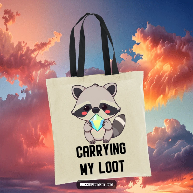 Funny tote bag showcasing a sweet kawaii raccoon happily offering a large, glittering gem, symbolizing rarity and delight.
