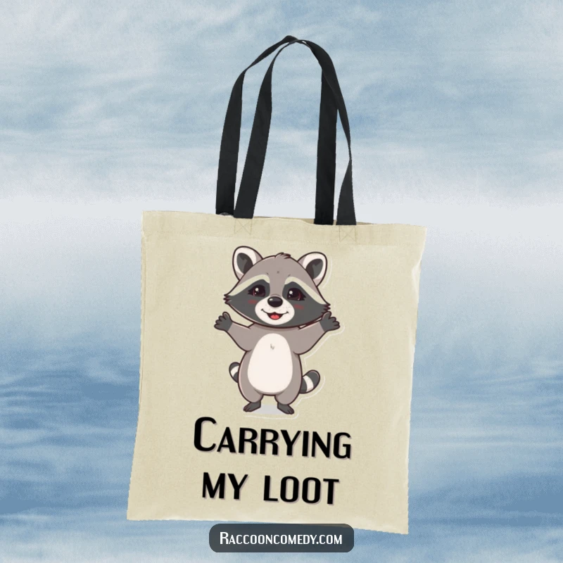 Funny tote bag designed with a joyful raccoon dancing enthusiastically with its paws raised high, spreading cheer.