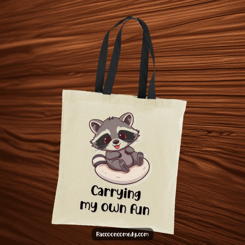 Funny raccoon tote bag illustrating a delighted raccoon gleefully sliding down a smooth, curved surface, full of playful energy.