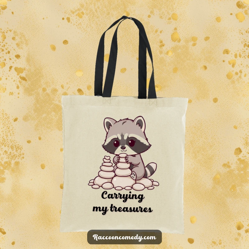 Funny raccoon tote bag, spacious and sturdy, depicting a raccoon meticulously stacking pebbles with nimble paws, perfect for errands.