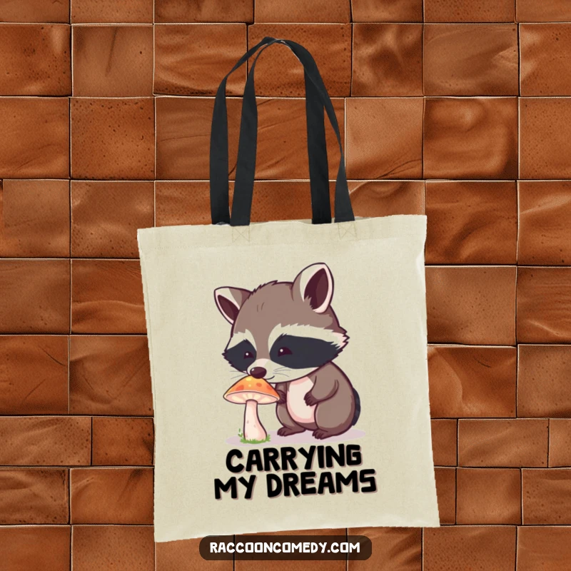 Funny Raccoon Tote Bag: A curious raccoon explores the enchantment of a glowing mushroom with wide-eyed wonder.
