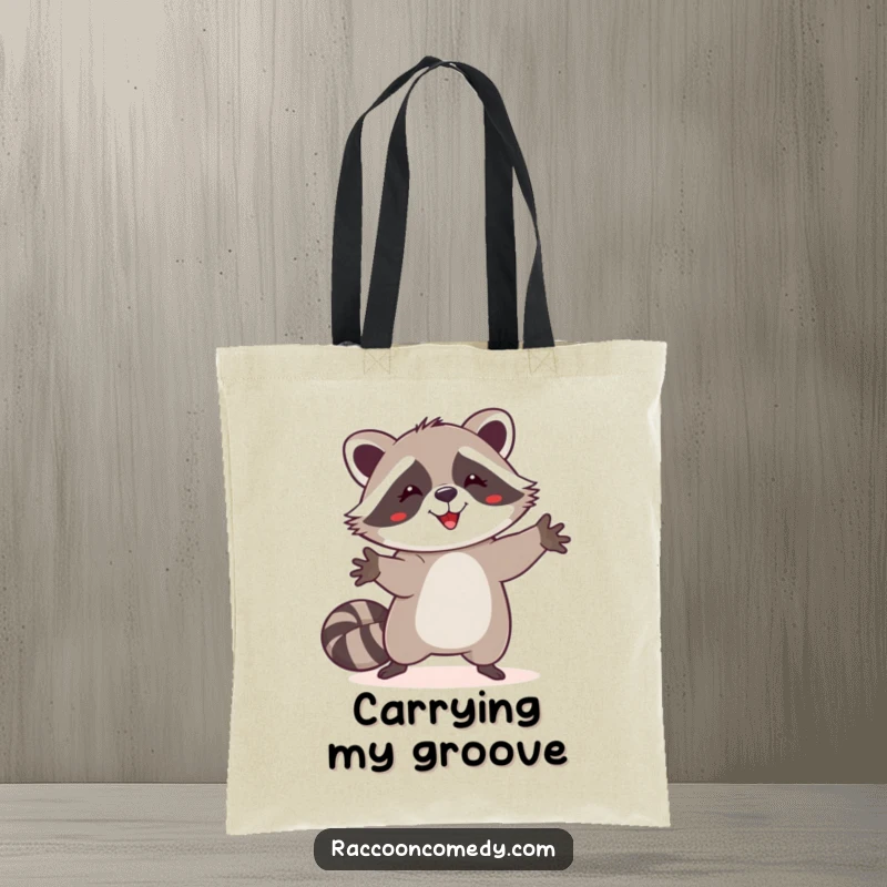 Funny happy raccoon tote bag, silly dance, paws raised, energetic animal, whimsical accessory, practical funny gift.