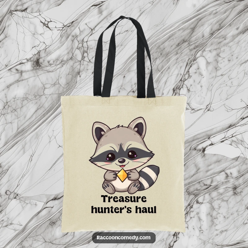 Funny kawaii raccoon tote bag, beaming with a mischievous grin, holding a dazzling shiny trinket.