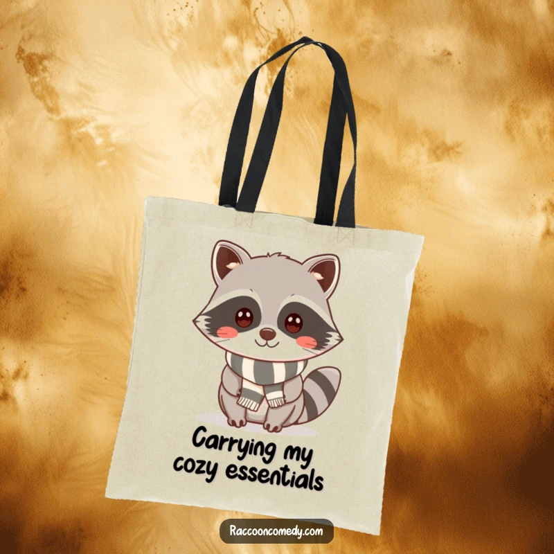Funny kawaii raccoon with a cheeky smile and a striped scarf, printed on a durable tote bag, perfect for stylish errands.