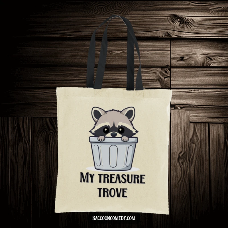 Funny mischievous raccoon tote bag, peeking from striped trash bin, sly animal, whimsical accessory, practical funny gift.