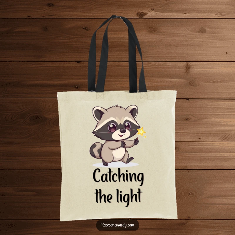 Funny playful raccoon tote bag, wide eyes, chasing glowing firefly, whimsical accessory, practical funny gift.