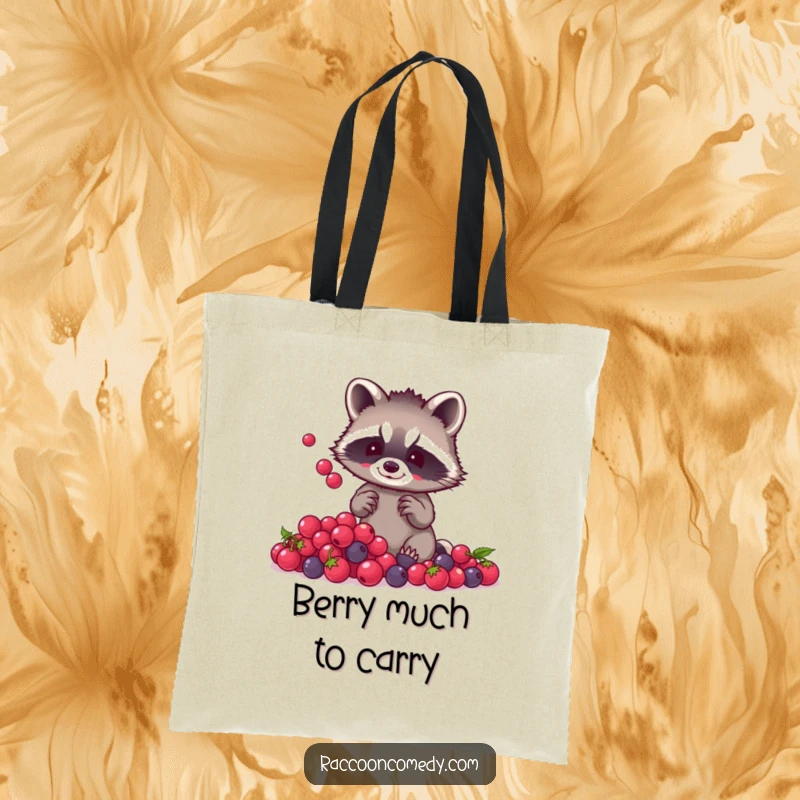 Funny raccoon berry juggling tote bag designed with a small raccoon, tiny paws, and a pile of shiny berries, ideal for stylish carrying.