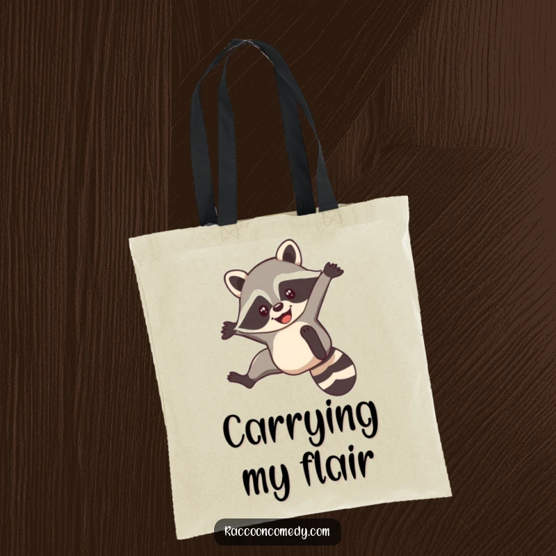 Funny tote bag with a smiling raccoon performing a nimble acrobatic flip, perfect for carrying items with flair.