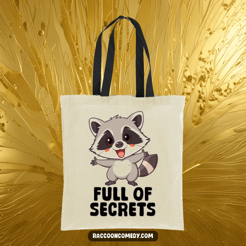 Funny tote bag featuring an excited raccoon, looking sly and ready for a covert operation or a daring adventure.