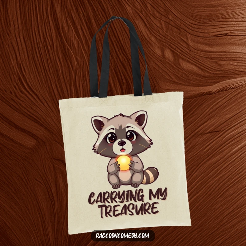 Funny raccoon tote bag with a graphic of a surprised raccoon holding a tiny, glowing orb, perfect for carrying mysterious finds, a funny gift.
