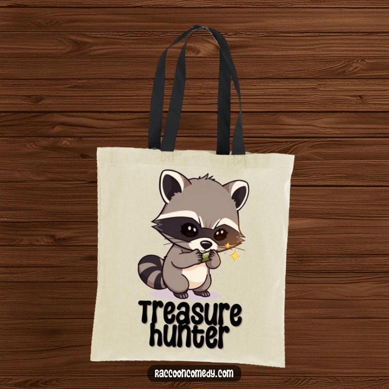 Funny tote bag featuring a masked raccoon thief with a cunning look, pilfering a glittering item, ideal for carrying humor.