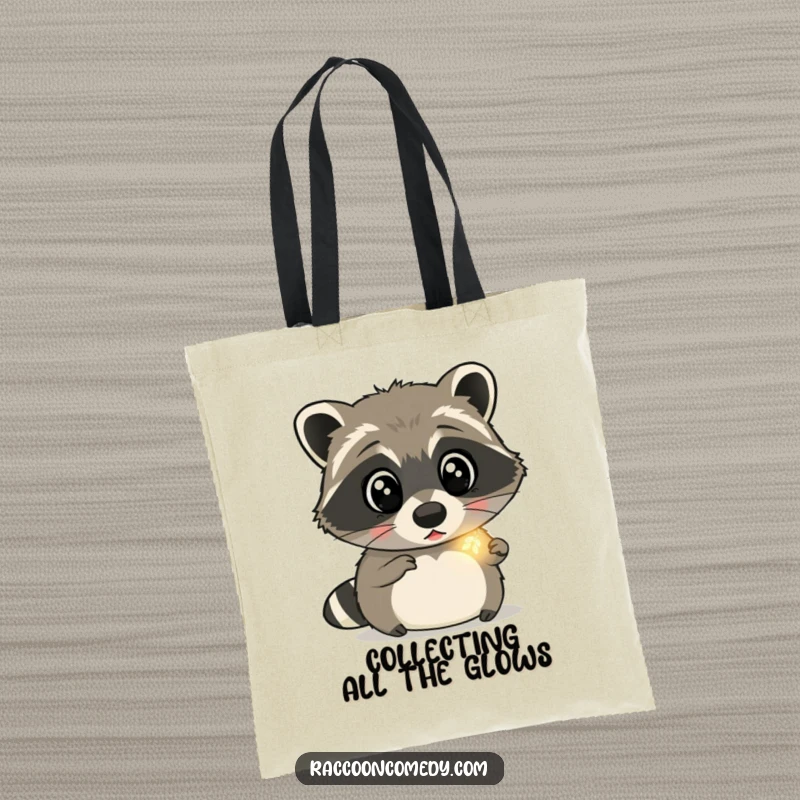 Funny raccoon tote bag featuring a surprised raccoon with wide eyes, captivated by the glow of a tiny firefly, blending wonder and utility.
