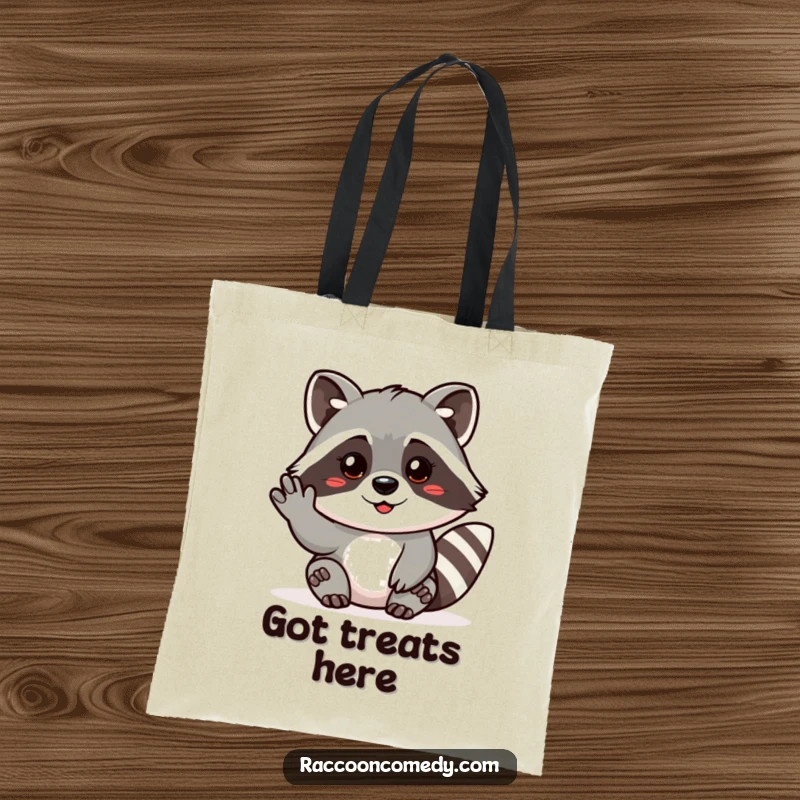 Funny tote bag showing a friendly raccoon with an inviting gesture, encouraging you to come closer for fun.