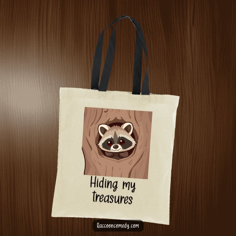 Funny Kawaii Raccoon Tote Bag: A cute raccoon with a curious expression peeking from a tree hollow.
