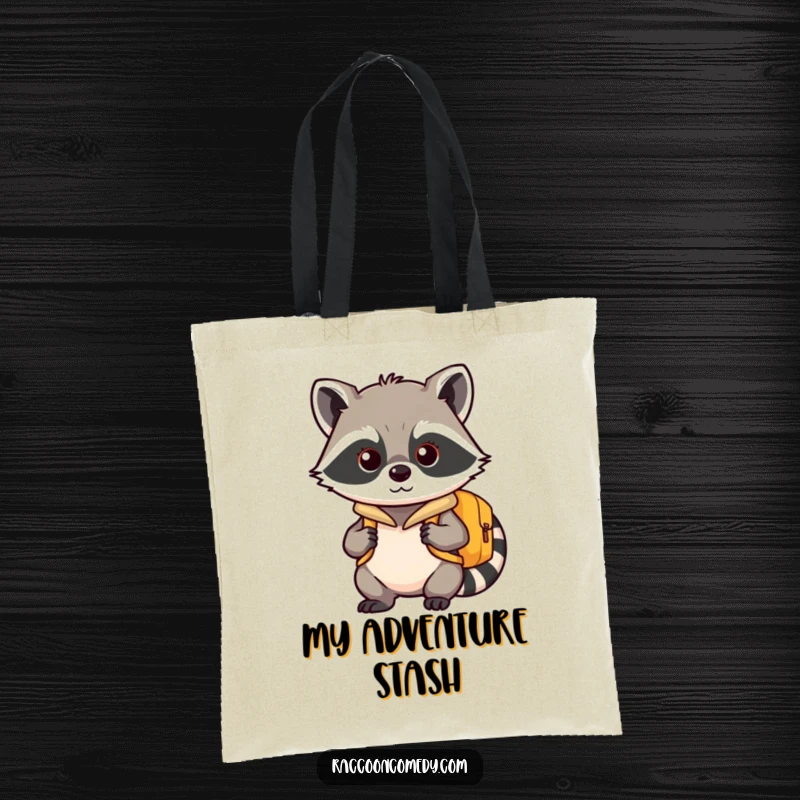 Funny kawaii raccoon tote bag, packed and ready, symbolizing a cheerful spirit of adventure.