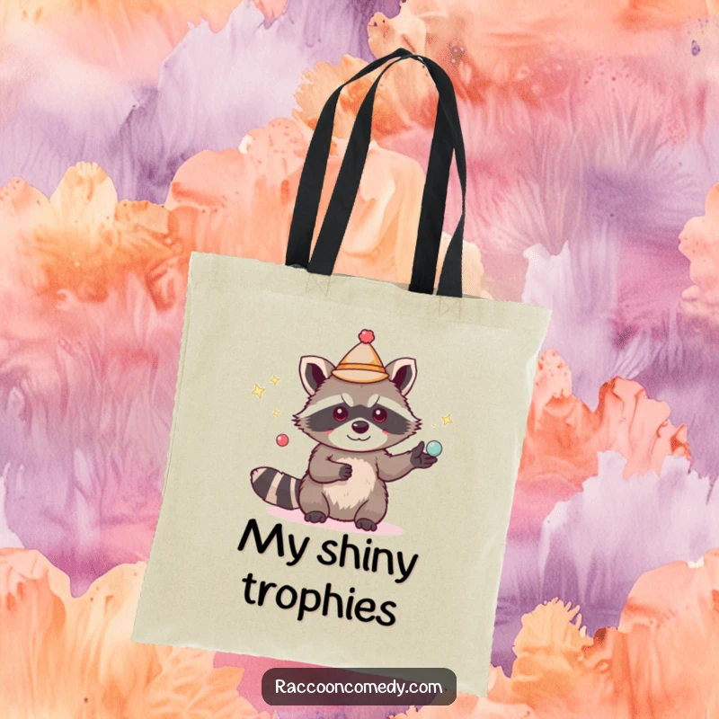Funny cute raccoon tote bag, small hat, juggling shiny items, whimsical accessory, practical funny gift.