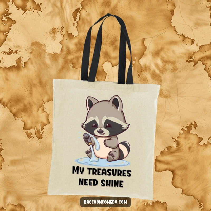 Funny raccoon tote bag showing a cute character playfully washing a shiny object, a practical bag with a humorous bandit theme.